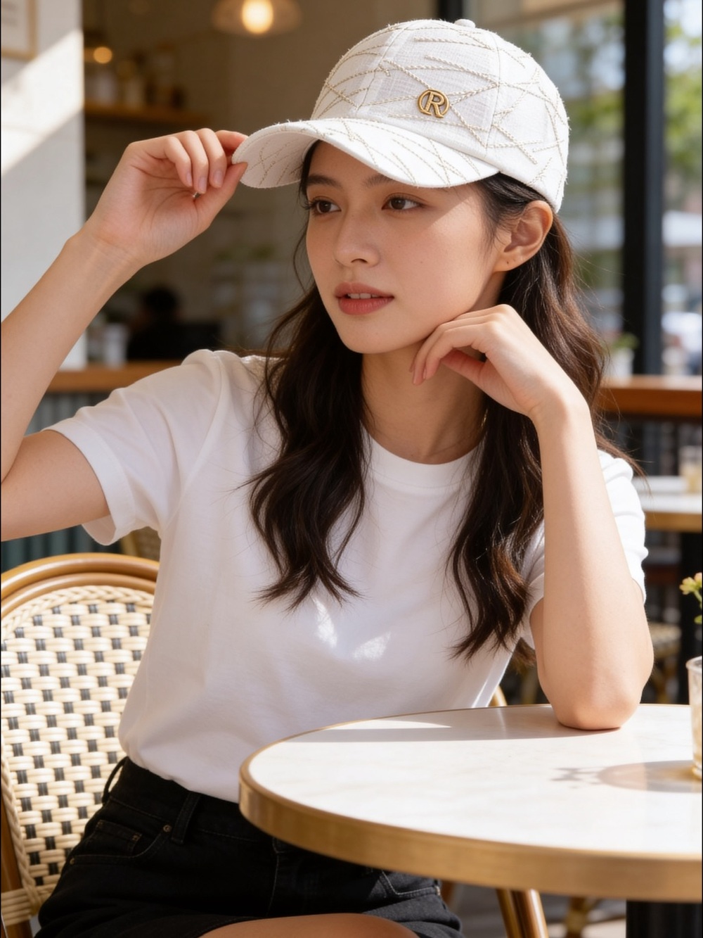 New White Textured Baseball Cap with Gold Logo | Chic Summer Accessory